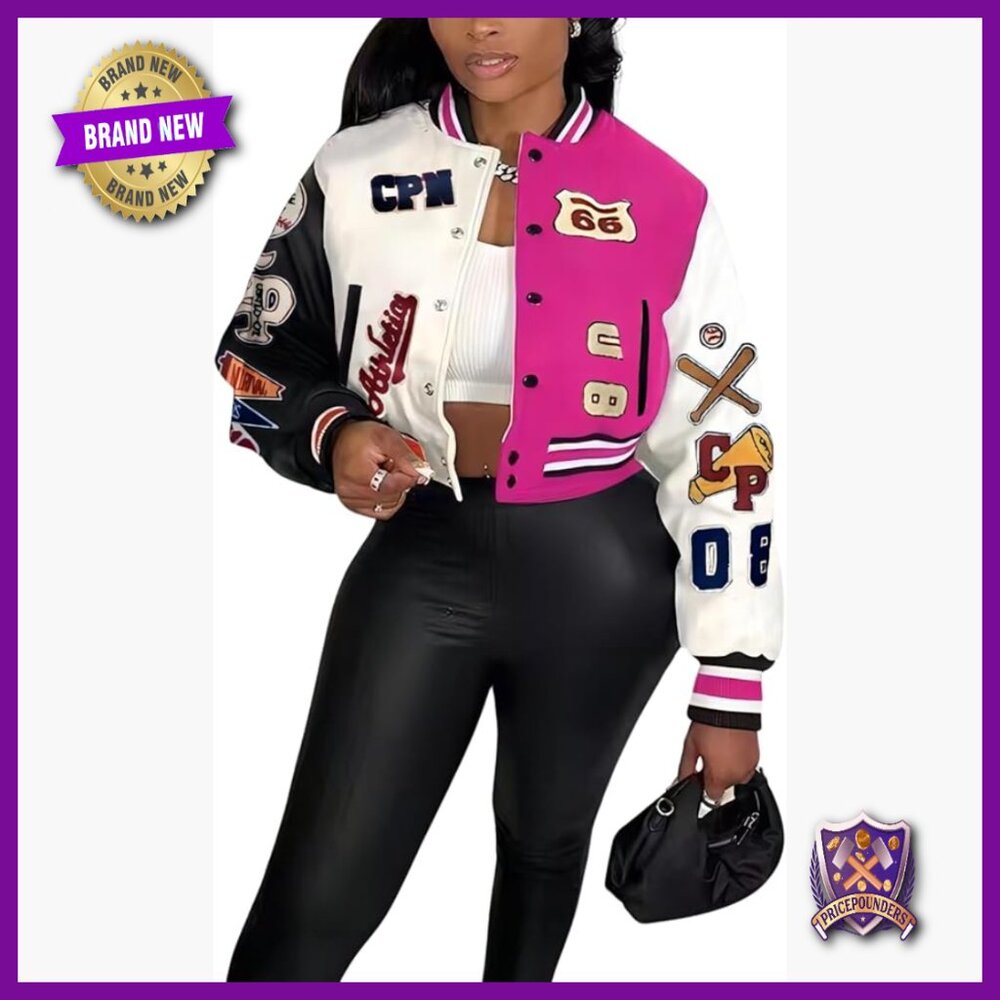 Cropped Bomber Leather Jacket with Patches Print, S-XXL, Faux Leather
